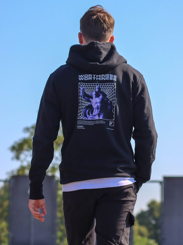 een zwarte hoodie worthiness van Wurban Wear over waardigheid, worth en staat vol met self worthiness quotes