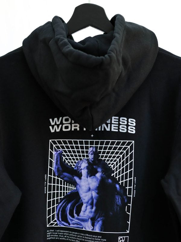 een zwarte hoodie worthiness van Wurban Wear over waardigheid, worth en staat vol met self worthiness quotes