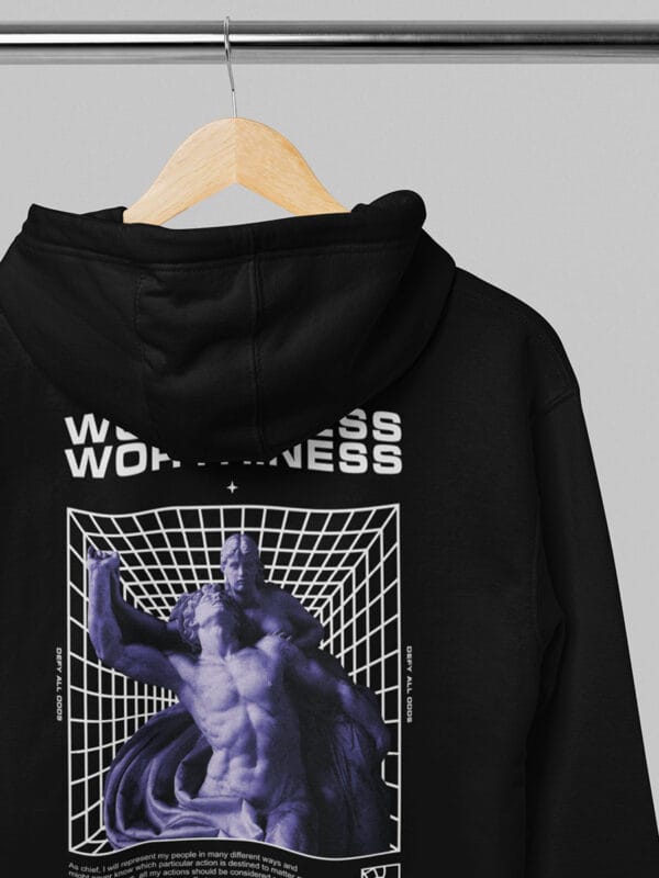 een zwarte hoodie worthiness van Wurban Wear over waardigheid, worth en staat vol met self worthiness quotes